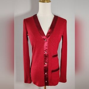 Area Stars Red Ribbed Cardigan With Satin Trim And Rhinestone Buttons Size XS
